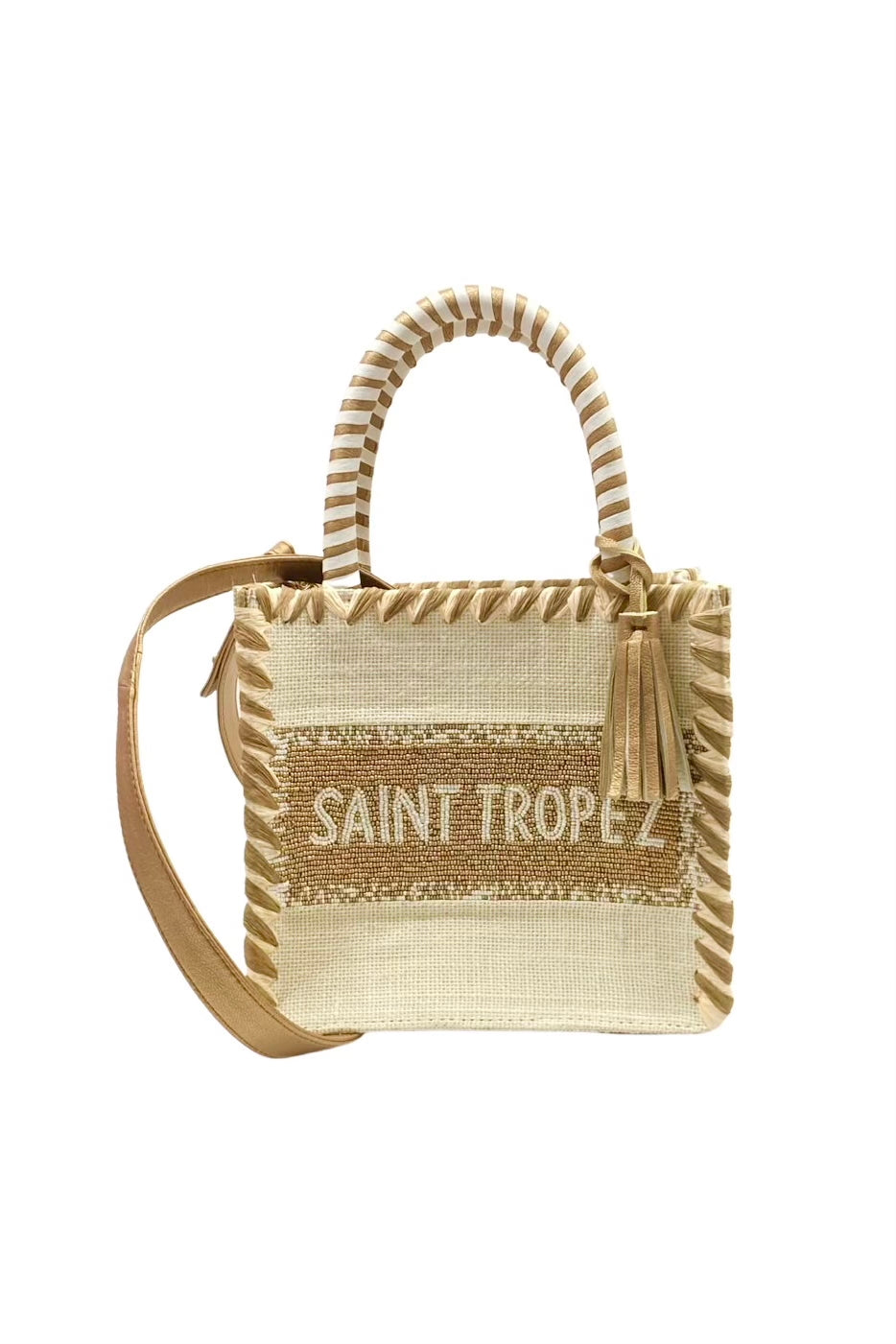 Saint Tropez Small Beaded Resort Jute Bag - Natural/Gold, by De Siena

Join us in the sunny destination of Saint Tropez and move in style with our all over beaded bag in black and gold. Hand crafted with hundreds of little beads and details in raffia, this bag is the perfect match for our resort flats.