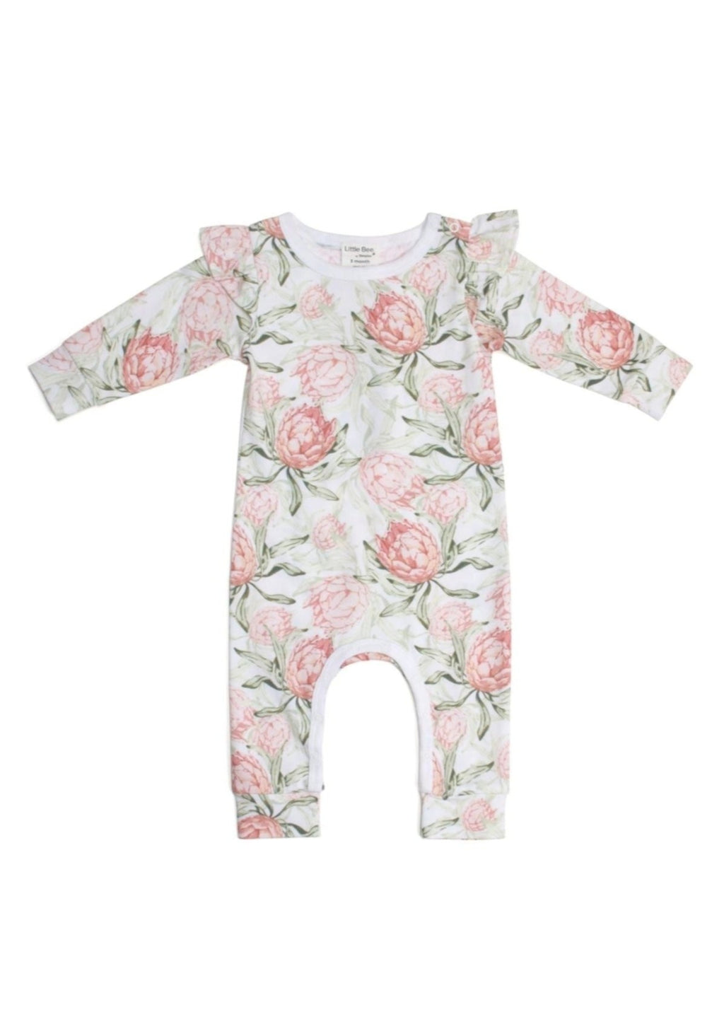 Cotton Frill Babygrow - Botanical, by Little Bee Watch a child explore a world of wonder that’s evergreen - fresh and new, yet everlasting. Your little gardener can offer a lesson to us all in the magic of time spent in nature to inspire, delight and bring joy.  Little Bee by Dimples Evergreen 2023 Summer Collection is made using Oeko-Tex Certified Organic Cotton. Combining a Protea print with a classic stripe, you’ll have endless options for dressing your little one.