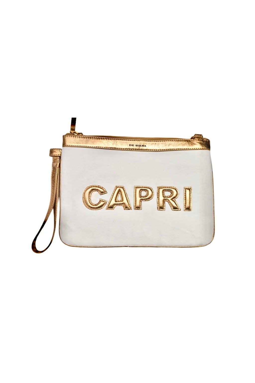 Capri Canvas/Leather Pouchette - Off White/Gold, by De Siena

Welcome to Capri. You'll catch us wearing this pouchette during our vacation in Capri, heading to the beach or for a stroll through town. Hand crafted with canvas and letters in leather, this trendy pouch in off white and tan is the best companion for a fun day.&nbsp;

canvas with leather
gold chain as shoulder strap
size 187 x 25cms