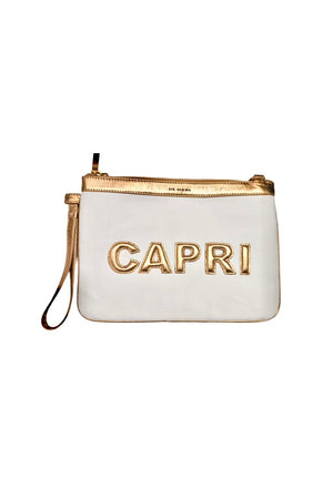 Capri Canvas/Leather Pouchette - Off White/Gold, by De Siena

Welcome to Capri. You'll catch us wearing this pouchette during our vacation in Capri, heading to the beach or for a stroll through town. Hand crafted with canvas and letters in leather, this trendy pouch in off white and tan is the best companion for a fun day.&nbsp;

canvas with leather
gold chain as shoulder strap
size 187 x 25cms
