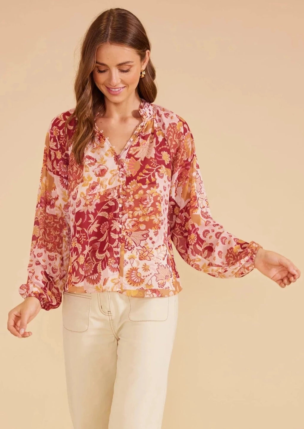 Rylee Blouse by MinkPink - All-over floral and paisley print button-through blouse - Relaxed fit - High neckline with ruched detail - Self-covered buttons with button loops down the centre front - Slightly sheer - Full-length raglan blouson sleeves with elasticised cuffs