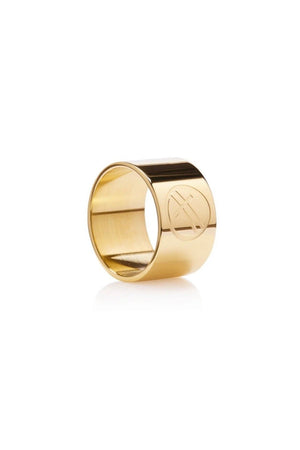 Grandstand Band Ring - Gold, by Ever  Sweat Resistant. Waterproof. Anti-Tanish. No Fade. Hyperallergenic.  A modern take on the classic cigar band ring, our Grandstand Gold Band Ring is embossed with the distinctive EVER icon.