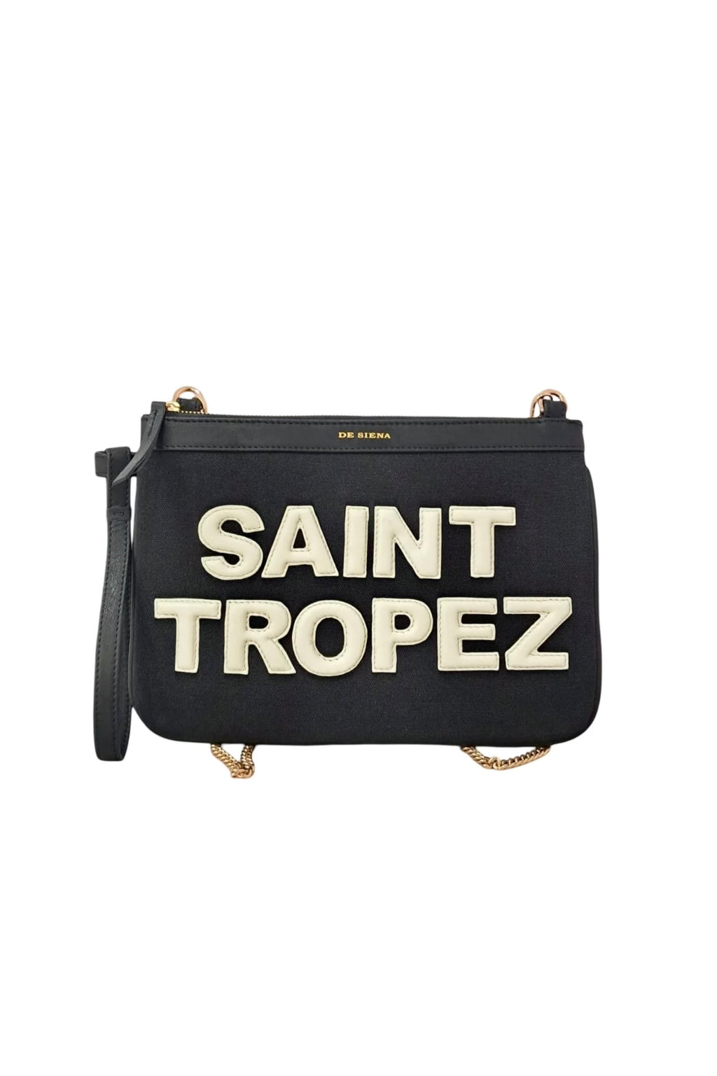 Saint Tropez Canvas/Leather Pouchette - Black/Off White, by De Siena

Welcome to Saint Tropez. You'll catch us wearing this pouchette during our vacation in Saint Tropez, heading to the beach or for a stroll through town. Hand crafted with canvas and letters in leather, this trendy pouch in black and white is the best companion for a fun day. Combine with our matching fussbett slides.

canvas with leather
gold chain as shoulder strap
size 187 x 25cms