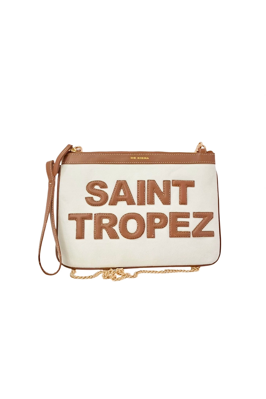 Saint Tropez Canvas/Leather Pouchette - Off White/Tabacco, by De Siena

Welcome to Saint Tropez. You'll catch us wearing this pouchette during our vacation in Saint Tropez, heading to the beach or for a stroll through town. Hand crafted with canvas and letters in leather, this trendy pouch in off white and tan is the best companion for a fun day.&nbsp;