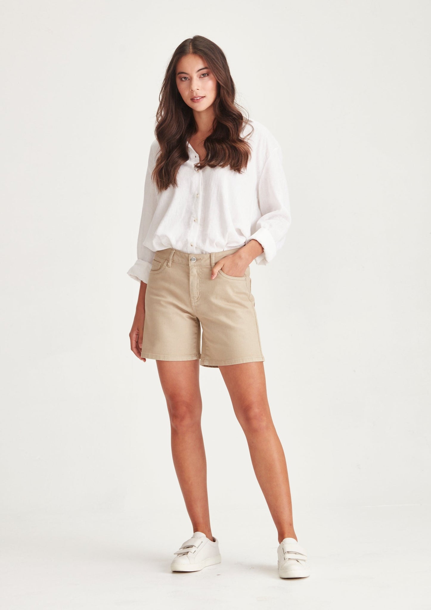 Danny Shorts - Light Khaki, by Junkfood Mid waisted long shorts in a stretch denim.  A relaxed 'everyday' Summer short in the perfect length.  Fixed waist band, belt loops, 95% cotton, 5% spandex, zip fly, classic 5 pocket design. 