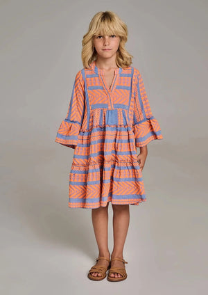 Devotion Kids Ella Mini Dress - Orange/Blue Like mother, like daughter. This bohemian-inspired smock-style dress is crafted in cotton with orange coloured embroidery. A stunning sundress for stylish daughters.
