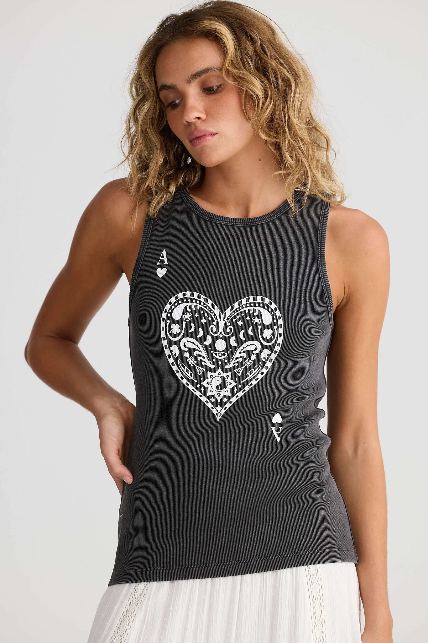 Ace of Hearts Ribbed Tank - Washed Black