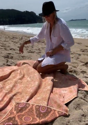 XL Reversible Eco Beach Towel/Picnic Blanket - Pink Peony/70's Folk Sienna