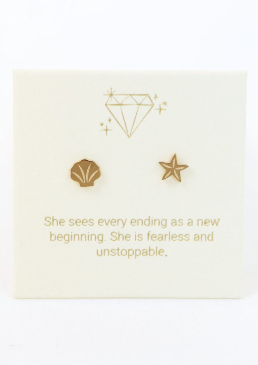 Shell and Starfish Stud Earrings  We believe little acts of kindness, love and self-love can have a positive impact on our emotional and physical health. Help us share the love with our Inspiration Earrings.  Each design has an uplifting message to pass on to someone you love... or gift yourself a loving reminder of your own magic!
