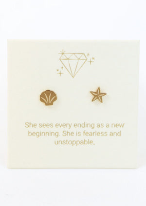 Shell and Starfish Stud Earrings  We believe little acts of kindness, love and self-love can have a positive impact on our emotional and physical health. Help us share the love with our Inspiration Earrings.  Each design has an uplifting message to pass on to someone you love... or gift yourself a loving reminder of your own magic!