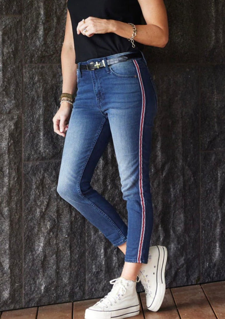Scarlett Jean - Dark Denim, by Cult of Individuality These new jeans from Cult are absolutely amazing!  Buttery soft and stretchy, these are sure to be your new go-to jeans.  We love the sports tapering down both sides of the jeans in racy red.