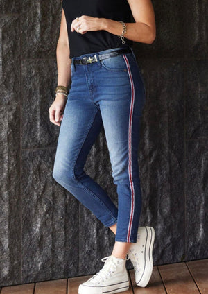 Scarlett Jean - Dark Denim, by Cult of Individuality These new jeans from Cult are absolutely amazing!  Buttery soft and stretchy, these are sure to be your new go-to jeans.  We love the sports tapering down both sides of the jeans in racy red.