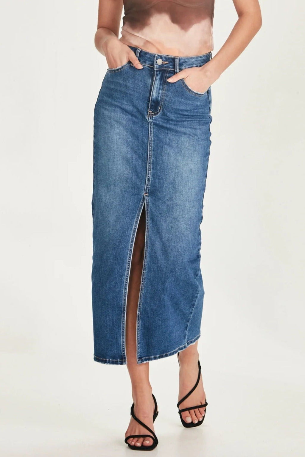 Hazel Skirt - Blue, by Junk Food Jeans  Mid waisted stretch denim long skirt.  Comfortable stretch denim skirt with front split&nbsp;in the perfect blue colour.  Fixed waist band with belt loops, zip fly, 70.5% cotton, 27.5% polyester, 2% spandex. Classic 4 pocket design.&nbsp;