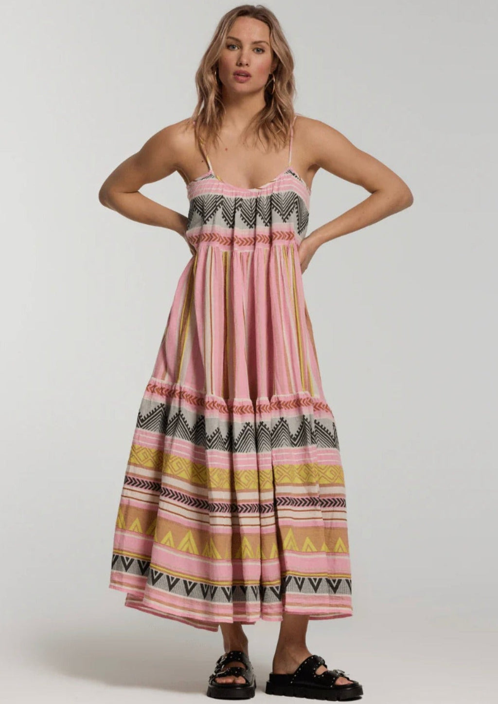 Devotion Plaka Dress - Multi Pink For an effortless summer look, choose the Plaka Long Dress from Greek resort wear designer Devotion. Crafted in cotton with hand embroidered detailing, and flowing skirt, the Plaka dress will take you from day to night.