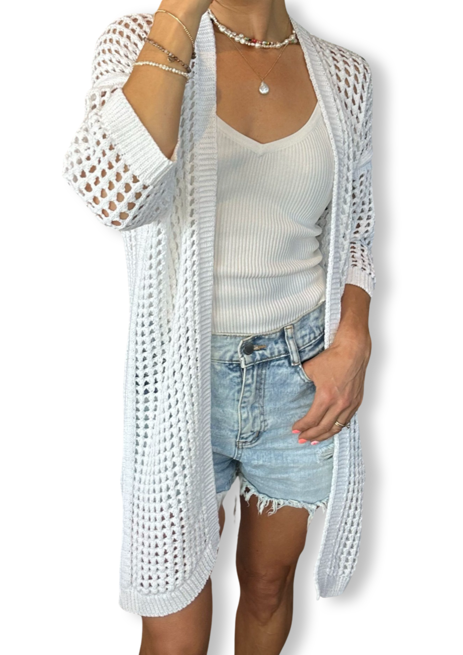 Dalia Longline Cardigan - White, Candy Pink or Ocean, by Amici Add a pop of colour, or fresh summer white to any outfit, with these gorgeous free-size long-line cardigans.. The Dalia Cardigan is perfect over singlets and denims, or over your strappy summer dresses. For casual holiday style.