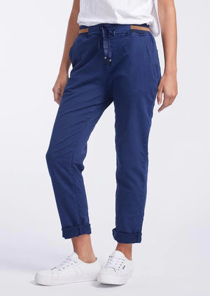 Tommy Jean - Navy, by Italian Star For days on the go, you won't go past the Tommy Jean from Italian Star. These jogger-style jeans effortlessly combine comfort and style perfectly so you don't have to compromise on either. Crafted from cotton these must-have casual pants feature an elastic waistband with lurex stripe detail, a straight leg fit, angled side pockets and an ankle length with rolled cuff. Pair with a t-shirt and sneakers for a go-to everyday look. 