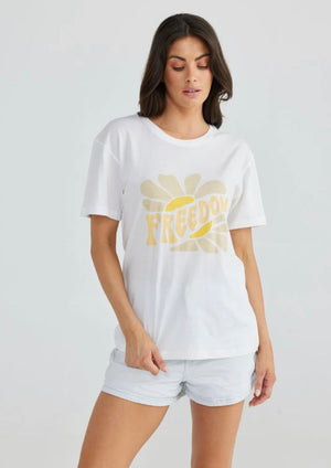 Freedom Relaxed Tee - White, by Talisman ROUND NECK TEE WITH NECK BAND DROPPED SHOULDER SHORT, BOXY SLEEVE RELAXED FIT HIP LENGTH SCREEN PRINTED GRAPHIC ORGANIC COTTON
