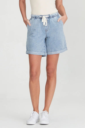 Demi Short - Blue, by Junkfood&nbsp;  Mid/high waisted light weight rigid denim shorts.  With comfortable elasticated waist band, shoe string tie, slouch front pockets and a folded hem. 100% cotton. Can&nbsp;be worn higher or lower on the waist as preferred.&nbsp;  The perfect light weight &amp; airy Summer staple.