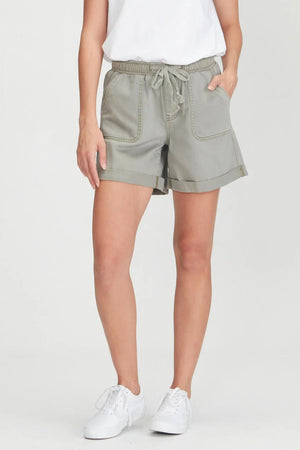 Maggie Short - Khaki, by Junkfood  Mid waisted rigid denim shorts.  In a lighter weight denim, perfect for those hot Summer days. &nbsp; With comfortable elasticated waist band with shoe string tie. Can&nbsp;be worn higher or lower on the waist as preferred.  Elasticated waist band, 100% cotton, 4 pocket design.