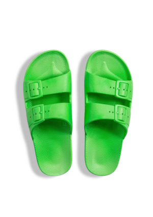 Freedom Moses 'Molly' - Neon Green Slides We kept only the essentials, for the ultimate comfort.  Our slides are flexible, yet supportive.  Designed to feel like a hug for your feet