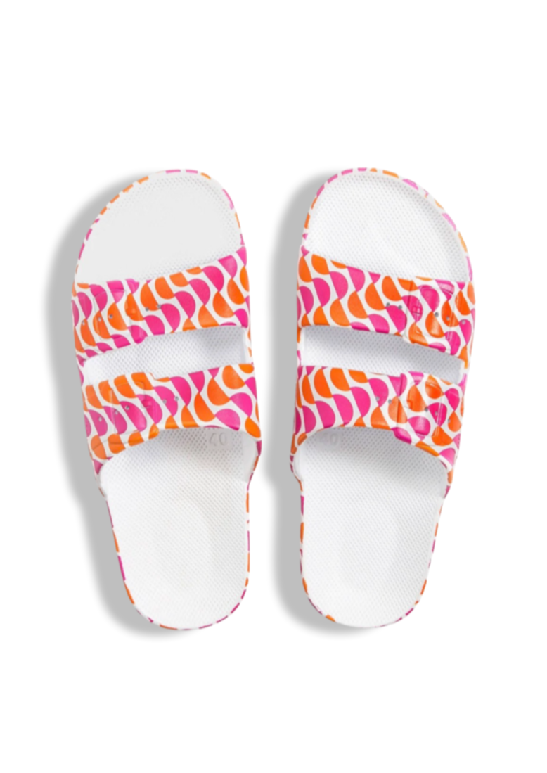Freedom Moses 'Rio Orange' - Pink + Orange Wave Print Slides We kept only the essentials, for the ultimate comfort.  Our slides are flexible, yet supportive.  Designed to feel like a hug for your feet