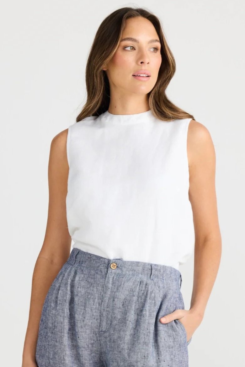 Adel Top - White Linen Blend, by Shanty Corp.  • REGULAR FIT • GATHERED ADJUSTABLE BACK TIE FEATURE WITH KEYHOLE •HIGH NECKLINE • SLEEVELESS