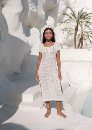 Nicci Knit Beach Cover Up - White, by Florencia 100% Knitted Cotton   Round Neckline Short Cap Sleeve Side spilts Maxi Length  Available in Crema'  Our Model Sabi wears a size Small and is 171cm tall  