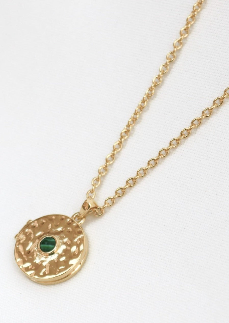Chara Locket in Gold | Love Lunamei          Stack It            Adjustable          New                 Gift Boxed  Description:  Chara Collection - You are Guided and Protected  All around us there is order and chaos, harmony and disharmony, clarity and confusion. With it's vibrant green hue, Malachite has been used for centuries as a protective gem and a stone of transformation.