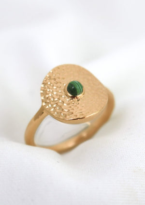 Zarina Ring in Gold | Love Lunamei         Stack It                New  Chara Collection - You are Guided and Protected  All around us there is order and chaos, harmony and disharmony, clarity and confusion. With it's vibrant green hue, Malachite has been used for centuries as a protective gem and a stone of transformation. 