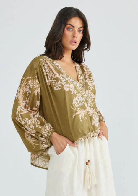 Kandy Top - Empress Olive, by Talisman • CROSS OVER FRONT • OVERSIZED FIT • EXAGGERATED BATWING SLEEVE WITH ELASTIC CUFF •GATHERED BACK YOKE FEATURE • ELASTIC FRONT WAIST