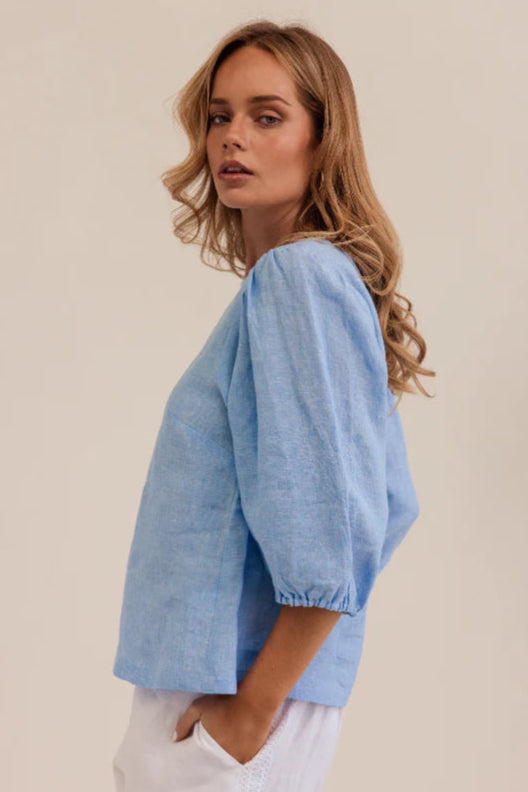 Linen 3/4 Sleeve Top - Chambray