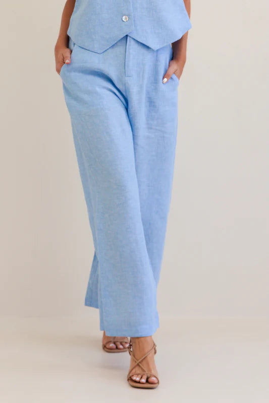 Linen High Waisted Wide Leg Pant - Chambray