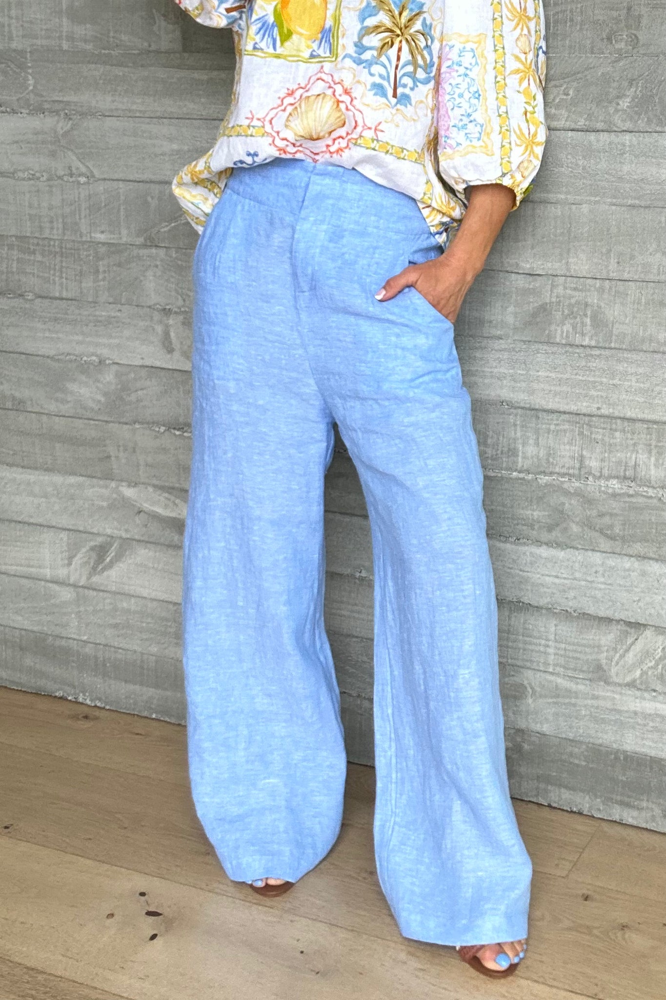 Linen High Waisted Wide Leg Pant - Chambray