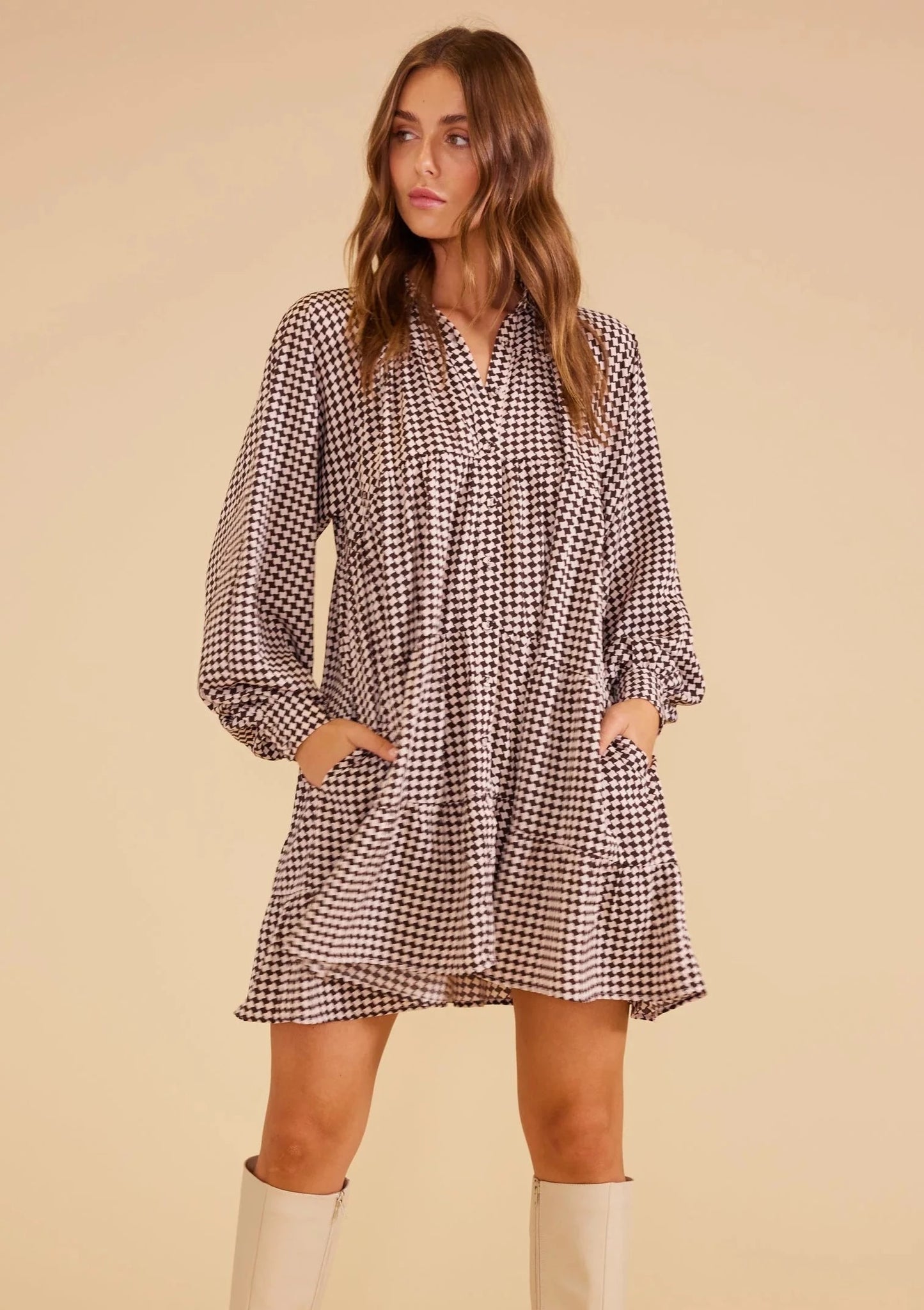 Quinley Mini Dress, by MinkPink - Checked long sleeve mini smock dress - Standard collar - Self covered fabric buttons with button down front - Functional side pockets - Smock silhouette with tiers - Full length blouson sleeves with two-button cuffs - Silky handfeel