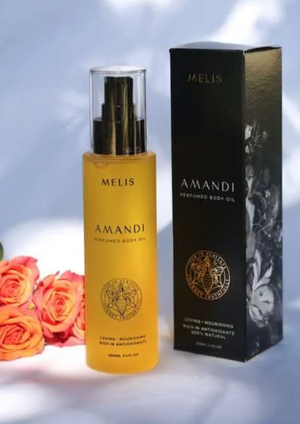Amandi (loving) - 100% natural perfumed body oil, by Melis Love Thy Self…  This naturally perfumed body oil melts into your skin for an instant and transformative boost to the skin and senses. It is rich in nourishing antioxidant botanicals, luxurious oils and scented with our signature Amandi parfum to inspire loving connection with the self and others.