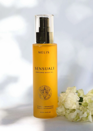 Sensuali (sensual) - 100ml perfumed body oil, by Melis This naturally perfumed body oil melts into your skin for an instant and transformative boost to the skin and senses. It is rich in nourishing antioxidant botanicals, luxurious oils and scented with our signature Sensuali parfum to inspire sensual connection with the self and others.