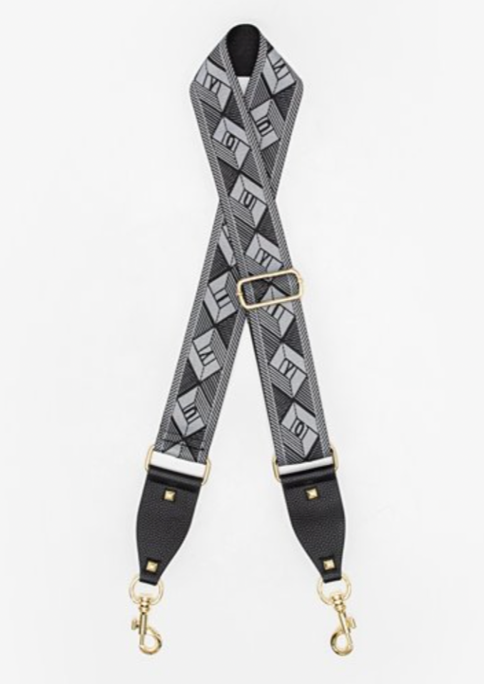 Antler Bag Strap - Abstract Diamond Grey, by Antler A sensational way to modernise an old handbag, or add a contemporary design twist to a plain outfit.  Featuring striking new Abstract Diamond Print in Grey, gold hardware and studs, and black vegan leather ends.  You'll be wanting more than one!