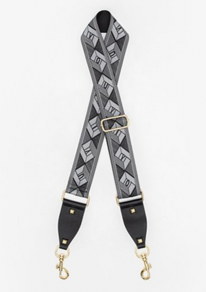 Antler Bag Strap - Abstract Diamond Grey, by Antler A sensational way to modernise an old handbag, or add a contemporary design twist to a plain outfit.  Featuring striking new Abstract Diamond Print in Grey, gold hardware and studs, and black vegan leather ends.  You'll be wanting more than one!