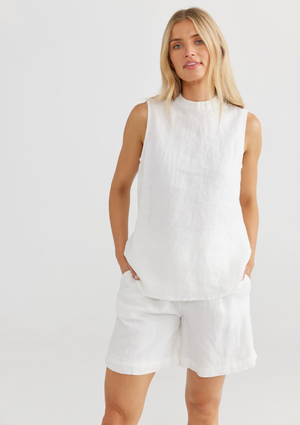 Adel Top - White, by Shanty Corp.  • REGULAR FIT • GATHERED ADJUSTABLE BACK TIE FEATURE WITH KEYHOLE •HIGH NECKLINE • SLEEVELESS