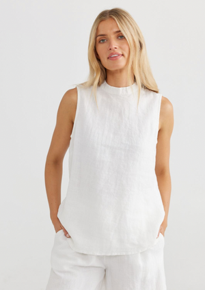 Adel Top - White, by Shanty Corp.  • REGULAR FIT • GATHERED ADJUSTABLE BACK TIE FEATURE WITH KEYHOLE •HIGH NECKLINE • SLEEVELESS