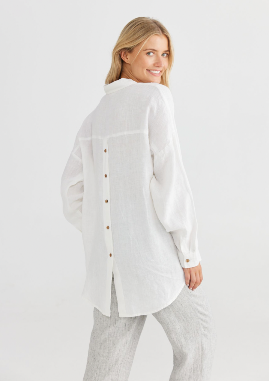 Marrakesh Shirt - White, by Shanty Corp. •CLASSIC COLLARED STYLE •FRONT CLOSURE •BACK BUTTON STAND FEATURE •CURVED HEM •FULL LENGTH SLEEVE WITH CLASSIC SHIRT STYLE CUFF
