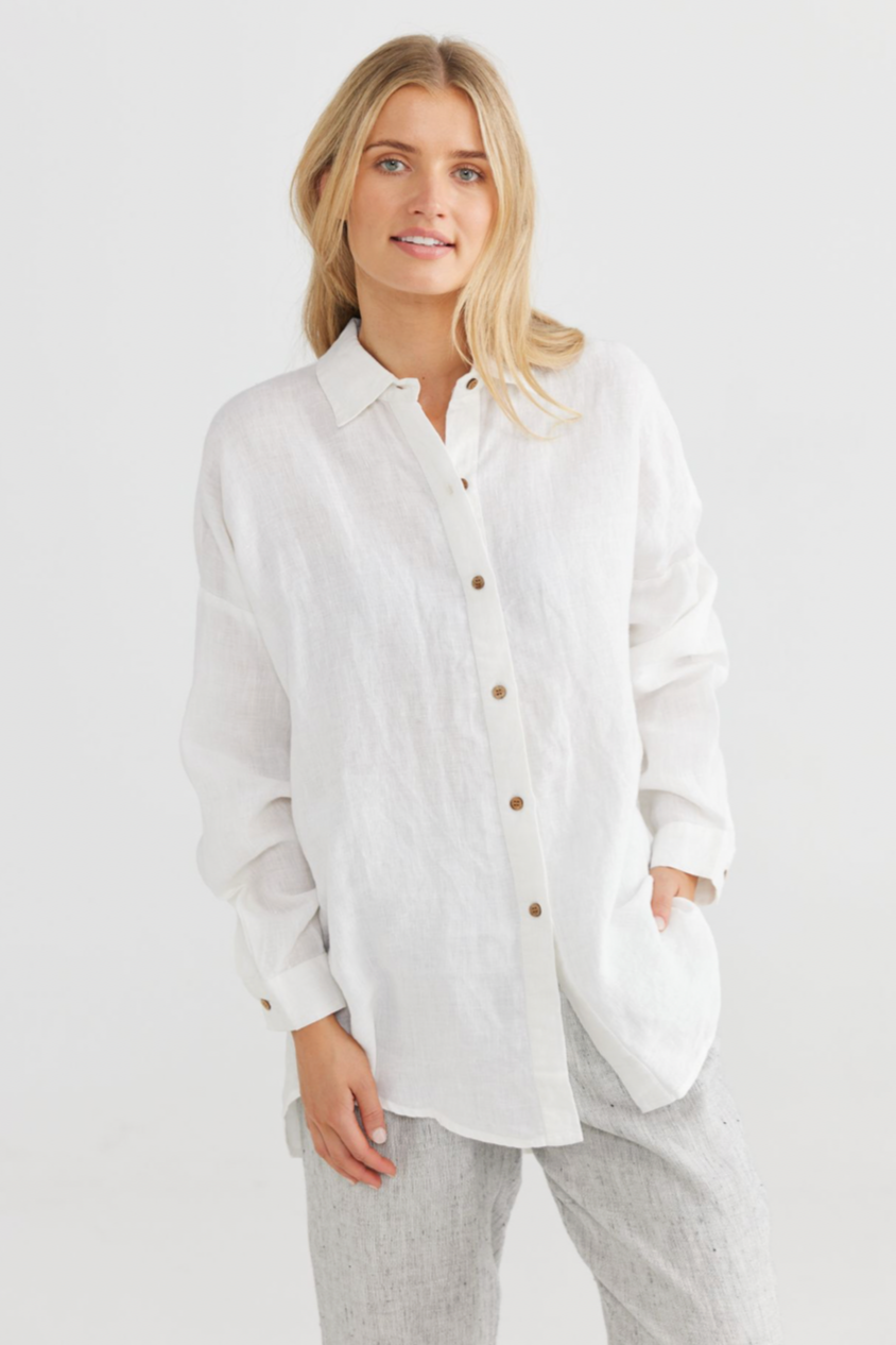 Marrakesh Shirt - White, by Shanty Corp. •CLASSIC COLLARED STYLE •FRONT CLOSURE •BACK BUTTON STAND FEATURE •CURVED HEM •FULL LENGTH SLEEVE WITH CLASSIC SHIRT STYLE CUFF