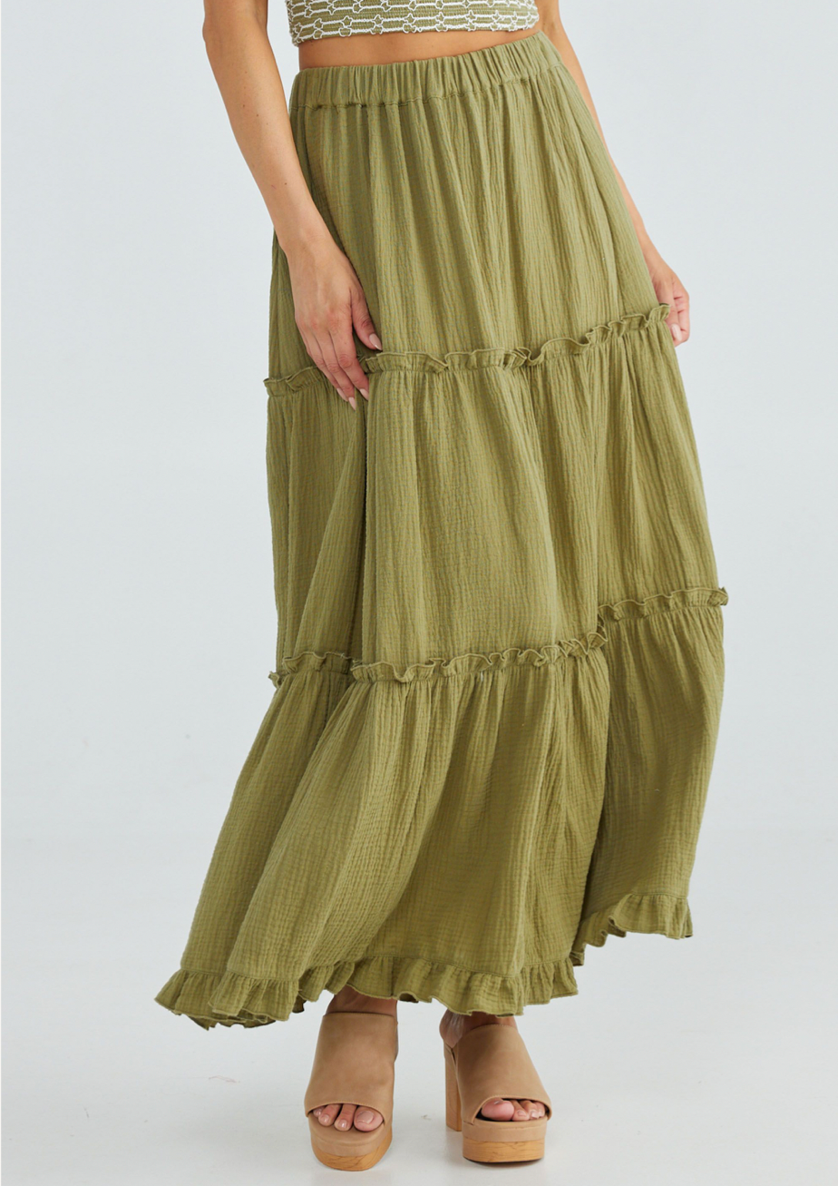 Mantra Skirt - Olive, by Talisman •ELASTIC WAIST •TIERED GATHERED SKIRT •FRILL DETAILS • MAXI LENGTH