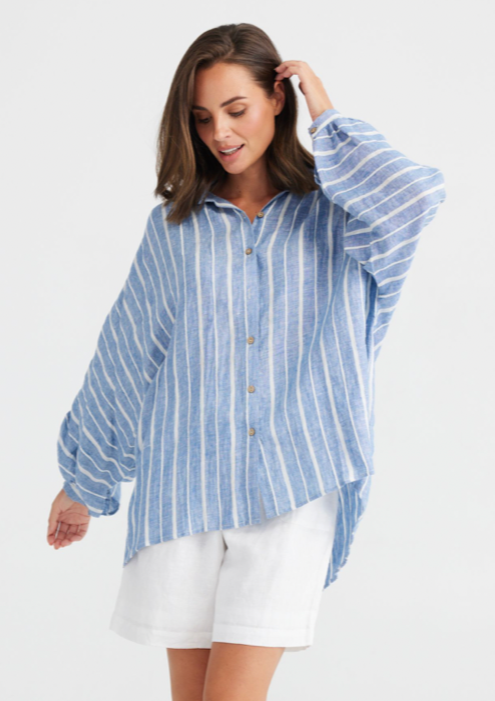 Cliffside Shirt - Nautica Stripe, by Holiday Details:  • BUTTON UP FRONT • OVERSIZED FIT • EXAGGERATED GROWN ON SLEEVES • BUTTON UP CUFFS • HIGH LOW HEM
