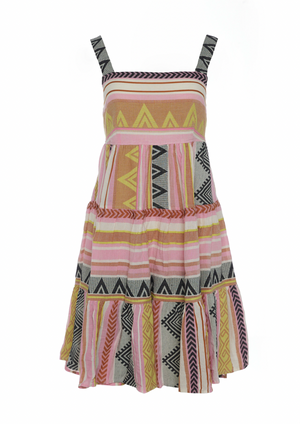 Devotion Athina Dress - Multi Pink From Devotion Twins, this short loose Athina dress is perfect for hot days. Cut from 100% cotton for a lightweight and breathable feel, this chic summer dress features distinctive yellow, pink and black embroidery throughout. The dress is cut for a relaxed fit through the body and boasts a three tiered skirt. Pack this beautiful dress in your suitcase for your next holiday and team with your favourite sandals while exploring the city.