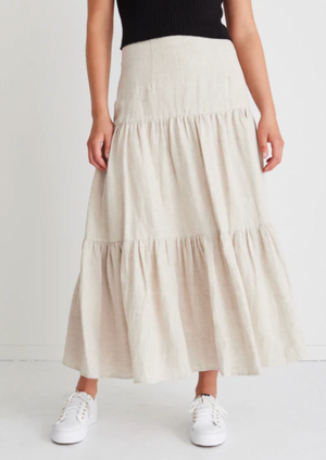 Blazing Sand Tiered Linen Midi Skirt, by Amoung The Brave We love the Blazing tiered midi skirt in 100% linen, featuring a flat waist and perfectly balanced tiers for a super flattering fit! For an effortless warm-weather look, wear with a cami and slides.