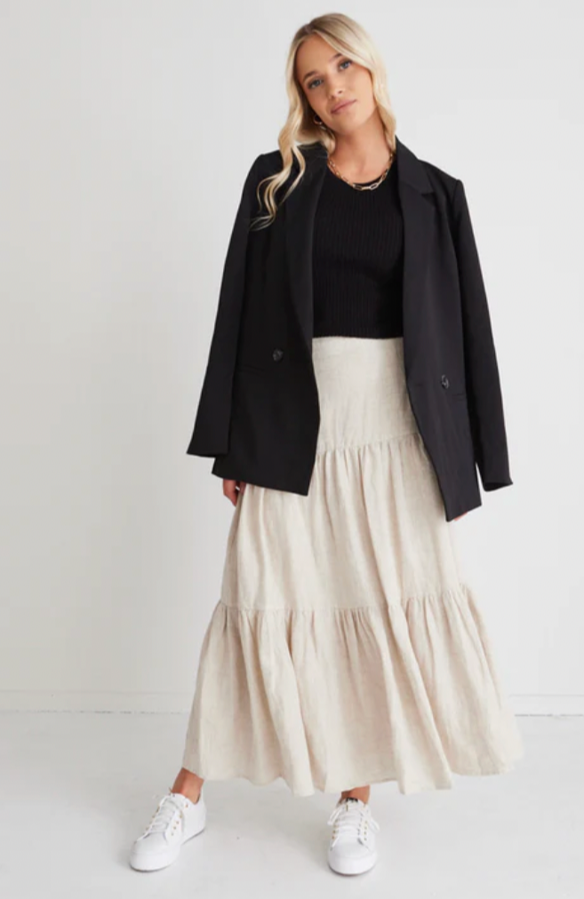 Blazing Sand Tiered Linen Midi Skirt