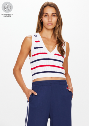 Heritage Mina Knit Vest - Stripe, by The Upside This versatile layer is the ultimate in sportif sophistication ~ the Heritage Mina Knit Vest.  Lightweight knitted vest in organic cotton White cable knit with red and navy stripe Ribbed deep V neckline Embroidered arrow at centre back