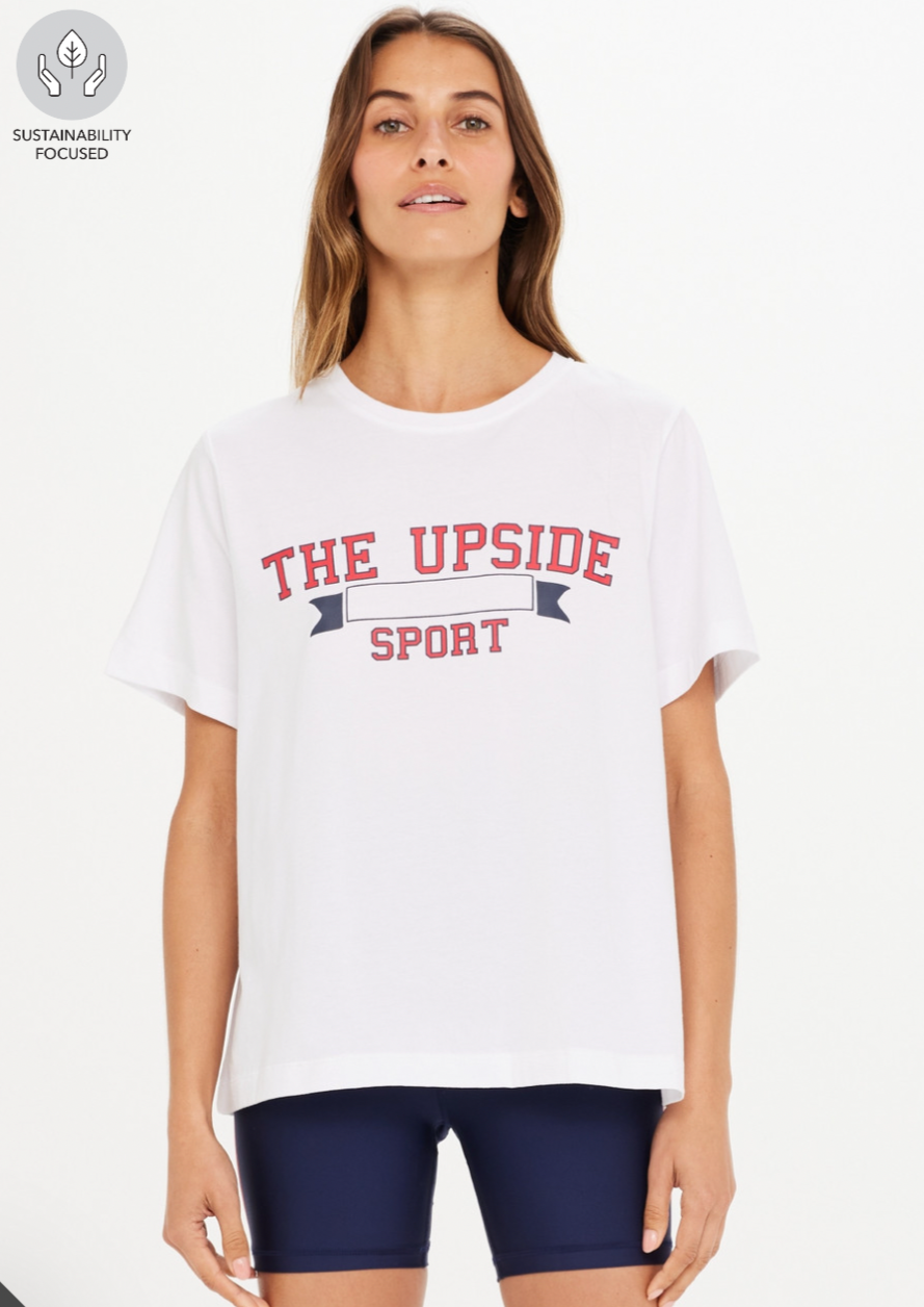 Raquette Jodhi Tee - White, by The Upside Be dynamic in our Raquette Jodhi Tee.  Organic cotton jersey classic tee shape Printed THE UPSIDE SPORT logo at centre front