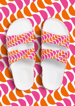 Freedom Moses 'Rio Orange' - Pink + Orange Wave Print Slides We kept only the essentials, for the ultimate comfort.  Our slides are flexible, yet supportive.  Designed to feel like a hug for your feet